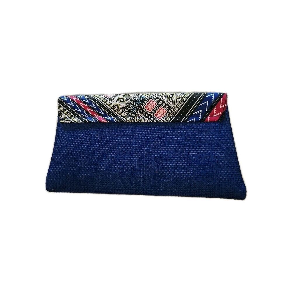 Blue Clutch Multicolor Flap Burlap/Straw Material Magnet Snap & Zipper Close NEW